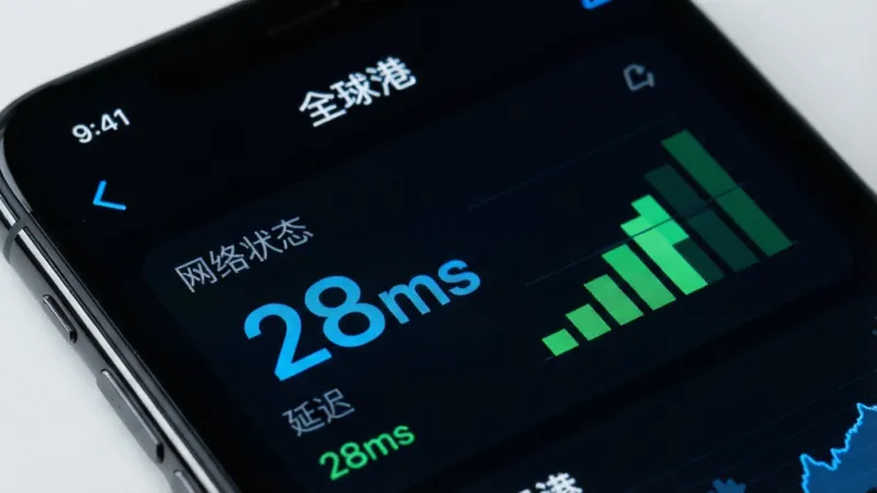 一张手机App界面的特写图，画面展示“全球港”App的网络状态监测页面，屏幕上清晰显示着延迟数值“28ms”和信号强度格数，界面背景为深色护眼模式，文字和图表为亮蓝色和绿色，风格简洁专业，画质锐利干净，无多余元素