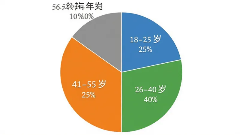 一张饼状图，展示“全球港”用户年龄分布，饼图分为四块，分别标注“18-25岁 25%”、“26-40岁 40%”、“41-55岁 25%”、“56-60岁 10%”，图表背景为白色，配色为蓝、绿、橙、灰，风格简洁清晰，画质干净，无多余元素