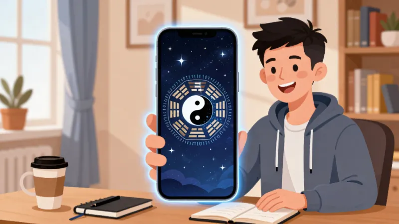 易演乾坤软件主界面全貌展示,一个穿着休闲服的年轻博主坐在书桌前对着手机微笑,手机屏幕亮起显示易演乾坤的深蓝色星空主题界面,界面中央有太极八卦与二进制数据流结合的动态图标,周围环绕着天干地支罗盘元素,布局上手机位于画面视觉中心,背景是温馨的居家书房环境,风格为现代扁平化插画,细节上手机边缘有柔光,桌面有咖啡杯和笔记本,画质高清干净无多余元素