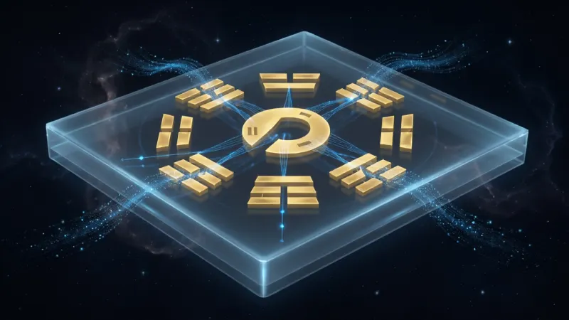 易演乾坤沉浸式推演沙盘界面特写,画面主体是一个发光的半透明数字沙盘悬浮在深色背景中,沙盘上流动着金色的八卦符号和蓝色的数据连线,布局上沙盘占据画面三分之二,周围有淡淡的星云纹理,风格为科幻简约风,细节上数据线有粒子拖尾效果,画质高清干净无多余元素
