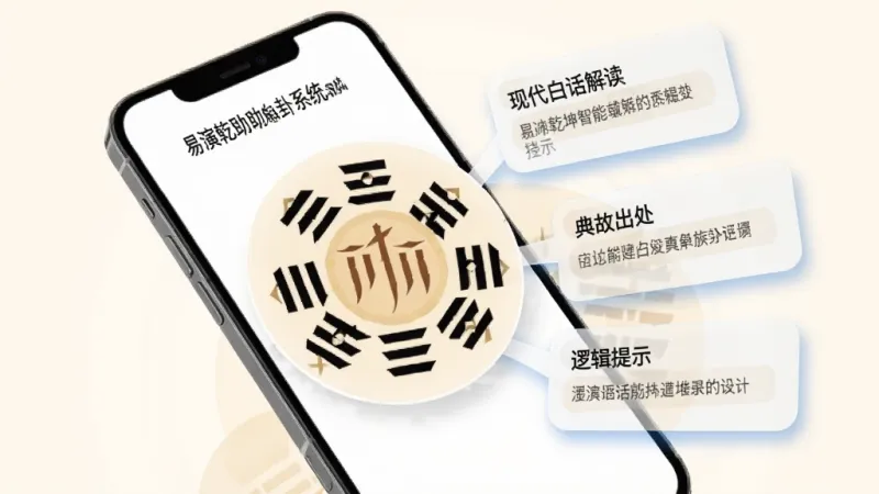 易演乾坤智能辅助解卦系统界面,画面展示手机屏幕上一个圆形的卦象被放大,旁边延伸出三个半透明的卡片式对话框,分别写着现代白话解读、典故出处和逻辑提示,布局上手机倾斜展示在画面中央,背景为柔和的米白色,风格为信息可视化图表风,细节上卡片边缘有淡蓝色阴影,画质干净无多余元素