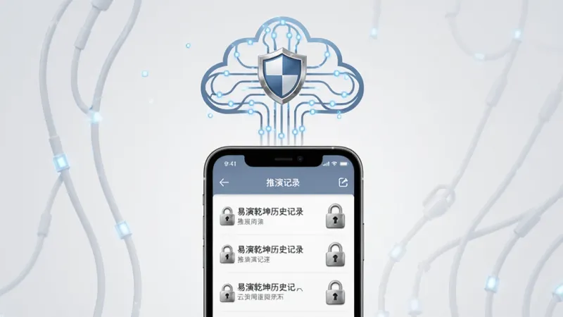 易演乾坤历史记录与云同步功能展示,画面中央是一部手机,屏幕显示日历形式的推演记录列表,每一条记录旁边有个小锁图标,手机上方飘着一朵由数据线组成的云朵,云朵里有一个盾牌标志,布局上手机竖屏放置,背景为浅灰色渐变,风格为扁平化科技风,细节上锁图标有金属质感,画质高清干净无多余元素