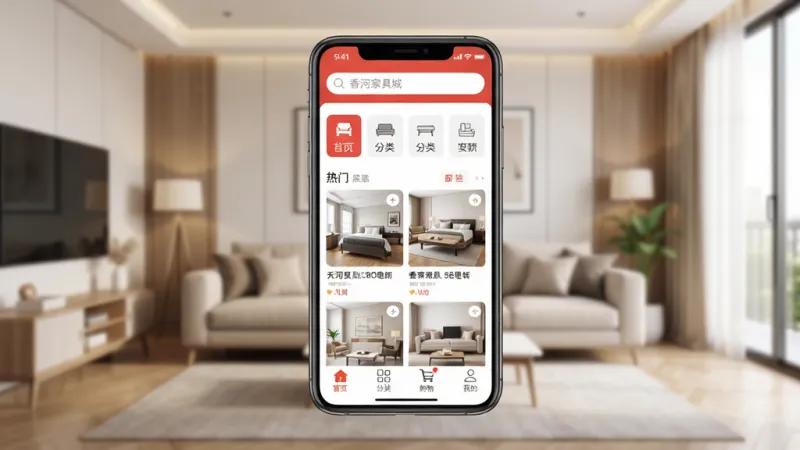 香河家具城APP主界面全貌展示,画面中央是手机屏幕,屏幕内显示香河家具城应用首页,顶部搜索栏写着“香河家具城”,中间是家具分类导航和热门商品瀑布流,底部有首页、分类、购物车、我的四个标签,背景是温馨的现代客厅场景,整体布局清晰,风格现代简约,画质干净明亮,无多余元素
