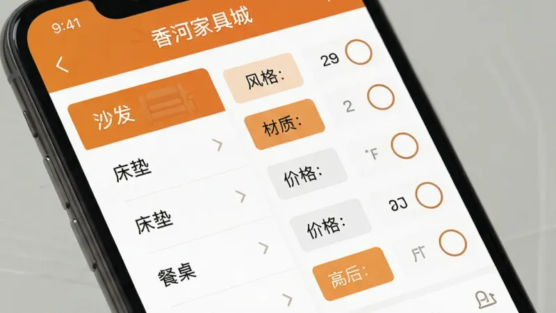 香河家具城APP家具分类筛选界面,手机屏幕特写,屏幕内显示“香河家具城”应用中的筛选页面,左侧是沙发、床垫、餐桌等分类列表,右侧是风格、材质、价格区间等筛选标签,界面配色以暖橙色和白色为主,布局规整,风格清爽,画质清晰,无杂乱元素