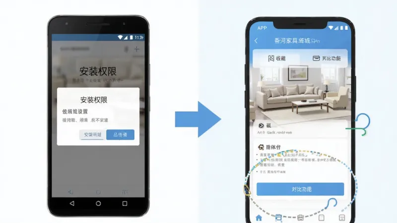 香河家具城APP使用教程示意图,画面分为左右两部分,左侧是安卓手机显示安装权限设置界面,右侧是APP内收藏和对比功能的操作示意图,中间有箭头连接,整体风格简洁明了,配色清爽,画质干净,无多余文字