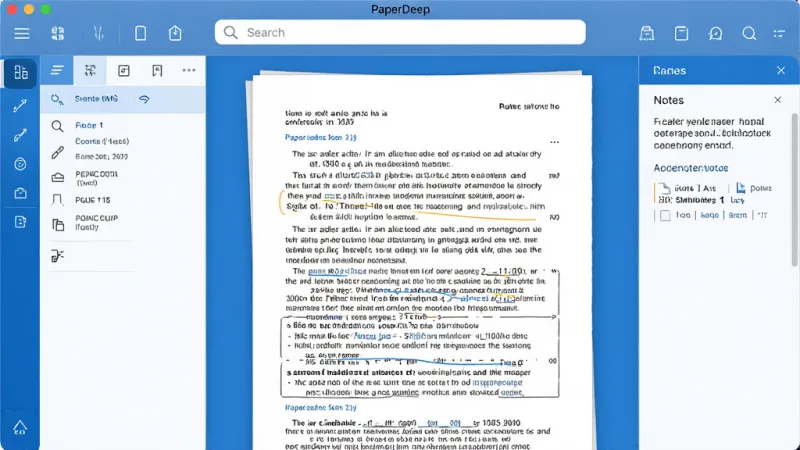PaperDeep软件主界面全貌展示,一个简洁的学术阅读应用界面,顶部有搜索栏,中间显示一篇打开的论文文档,侧边栏有标注工具和笔记面板,整体布局清晰,风格现代简约,以蓝白为主色调,画质干净,无多余元素
