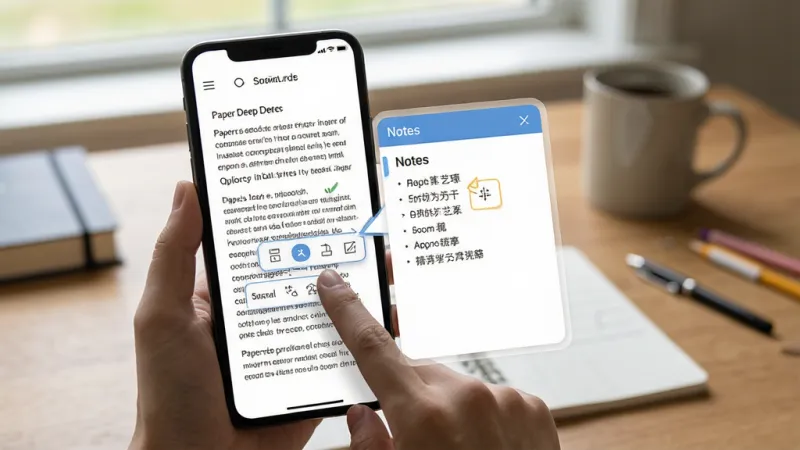 PaperDeep移动端使用教程示意图,手机屏幕显示论文阅读界面,手指正在点击标注工具,旁边有笔记面板弹出,背景是书桌场景,风格写实,画质清晰,无多余元素