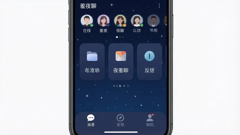 一张展示羞羞夜聊软件核心全貌的图片。主体是一个智能手机屏幕,屏幕内显示羞羞夜聊的主界面,界面设计简洁,以深色星空蓝为主色调,顶部显示在线用户头像列表,中间是几个功能卡片,底部是消息、发现、我的三个选项卡。布局清晰,文字标签明确,风格现代扁平。细节圆润,画质干净,无多余元素,画面明亮清晰。