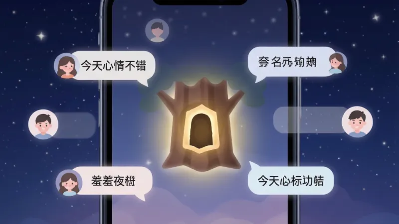 一张展示羞羞夜聊匿名树洞功能的图片。主体是一个手机屏幕特写,屏幕中央有一个发光的树洞形状图标,周围环绕着漂浮的匿名头像和文字气泡,气泡里写着“今天心情不错”等字样。布局采用中心对称,风格梦幻治愈,细节柔和,画质干净,无多余元素,夜晚星空背景。