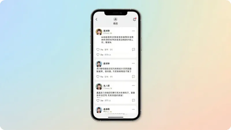一张展示羞羞夜聊动态广场界面的图片。主体是一个手机屏幕,屏幕内显示瀑布流式的动态卡片,卡片上有用户头像、匿名昵称、文字内容和点赞评论图标。布局整齐,风格清新现代,细节精致,画质干净,无多余元素,背景为柔和的渐变色。