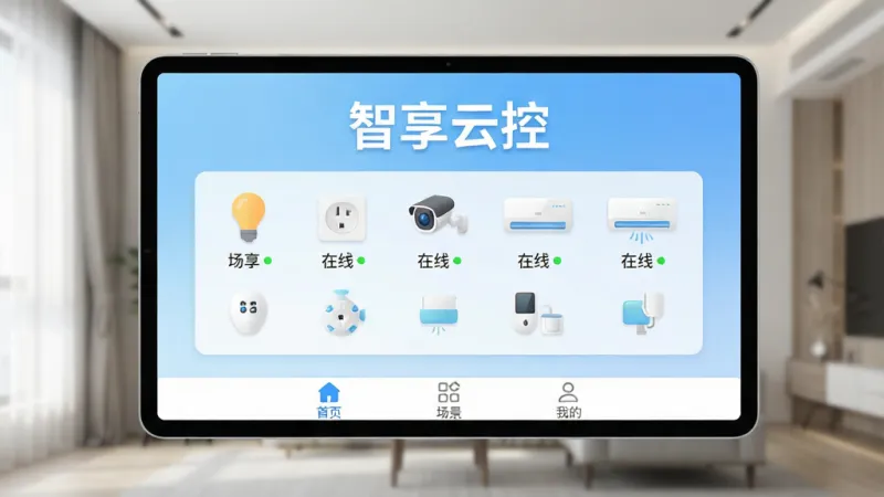 一张展示智享云控软件核心全貌的图片，画面中央是简洁现代的软件主界面，界面背景为浅蓝色渐变，顶部显示“智享云控”四个大字，中间区域整齐排列着多个智能设备图标，包括灯泡、插座、摄像头、空调等，图标下方有设备名称和在线状态小圆点，底部有三个导航标签“首页”“场景”“我的”，整体布局干净清爽，风格为扁平化设计，细节圆润无毛刺，画质清晰明亮，无多余元素