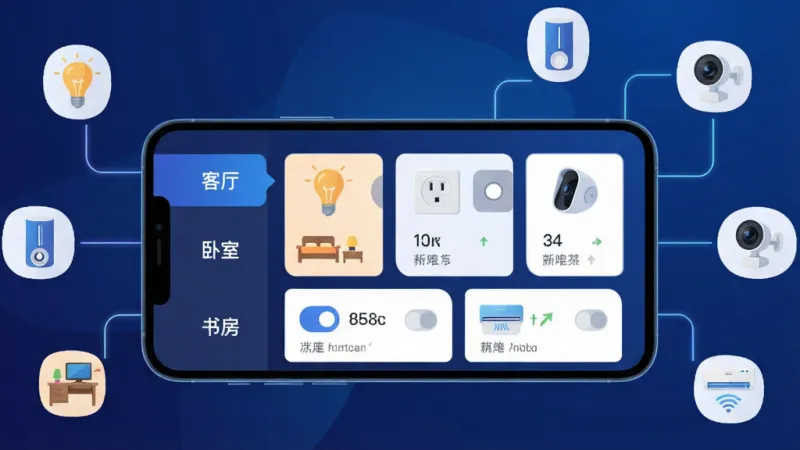 一张展示智享云控多设备管理功能的图片，画面中一部手机横屏显示，屏幕里是智享云控的设备列表界面，左侧有“客厅”“卧室”“书房”三个分组标签，右侧对应分组下排列着灯泡、插座、摄像头、空调等设备卡片，每个卡片上有开关按钮和状态文字，手机周围漂浮着几个连接线条指向不同设备图标，风格为科技感扁平插画，背景为深蓝色渐变，画质干净无多余元素