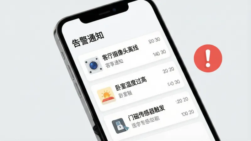 一张展示智享云控实时告警功能的图片，画面中一部手机竖屏显示，屏幕里是智享云控的消息通知界面，顶部有“告警通知”标题，下方排列着几条通知卡片，分别显示“客厅摄像头离线”“卧室温度过高”“门磁传感器触发”等信息，每条通知左侧有对应的小图标，右侧有时间戳，手机旁边有一个红色感叹号图标，风格为简洁扁平化设计，背景为浅灰色，画质清晰干净无多余元素