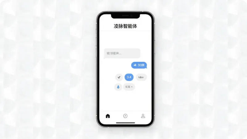 一张展示凌脉智能体简洁界面的图片,画面中手机屏幕显示凌脉智能体的主界面,顶部是“凌脉智能体”文字标识,中间是对话气泡和功能按钮,底部是三个简洁的导航图标,背景为纯白色,风格极简现代,画质干净无多余元素