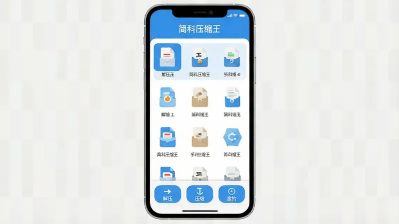 一张手机应用界面截图风格的图片,画面中央展示简科压缩王的软件主界面,界面设计简洁清爽,以蓝白色调为主,顶部显示软件名称简科压缩王,中间是文件列表区域,展示多个压缩包文件图标,底部有解压、压缩、我的三个功能按钮,整体布局清晰,文字标签明确,风格现代扁平化,细节圆润,画质干净无多余元素