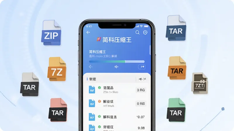 一张展示简科压缩王软件功能的图片,画面中手机屏幕显示简科压缩王正在解压一个RAR格式的压缩包,屏幕上出现解压进度条和文件列表,周围漂浮着ZIP、7Z、TAR等格式的图标,背景是柔和的蓝白渐变,风格简洁科技感,画质干净无多余元素