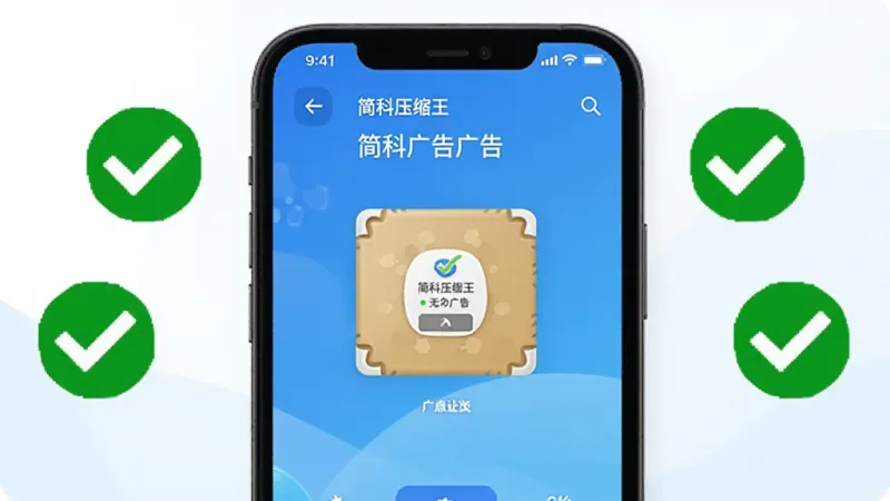 一张展示简科压缩王无广告特点的图片,画面中手机屏幕显示简科压缩王的主界面,界面干净清爽,没有任何广告横幅或弹窗,周围有绿色的对勾图标表示无广告,背景是明亮的白色和浅蓝色,风格清新简洁,画质干净无多余元素