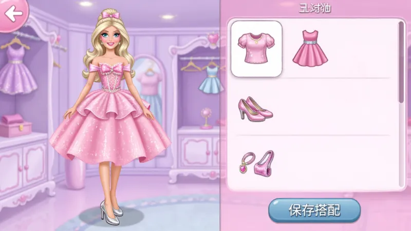 生图提示词:一张“魔法彩妆芭比公主”游戏内的换装界面截图,画面左侧是芭比公主的全身模特展示,穿着一条粉色蓬蓬裙搭配银色高跟鞋,右侧是分类清晰的衣橱列表,显示着上衣、裙子、鞋子、配饰等图标,下方有“保存搭配”按钮,背景是浅紫色的梦幻衣帽间,风格时尚可爱,画质清晰,无多余元素。