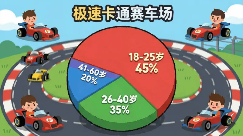 画面是一个卡通风格的饼状图,饼图分为三块,最大的一块标注“18-25岁 45%”,第二块标注“26-40岁 35%”,第三块标注“41-60岁 20%”,饼图背景是赛车跑道,周围有卡通小人和赛车图标,风格是扁平化信息图,布局采用居中排版,风格活泼,细节包含“极速卡通赛车场”的文字标签,画质干净,无多余元素