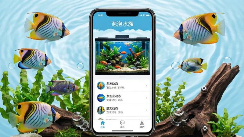 一张展示泡泡水族应用核心全貌的图片,画面中央是智能手机屏幕,屏幕内显示泡泡水族App的主界面,界面顶部有“泡泡水族”四个字,中间是水族箱造景图片和鱼友动态列表,底部有社区、消息、我的等导航图标,手机周围环绕着五彩斑斓的热带鱼、水草、沉木等水族元素,背景是淡蓝色水波纹,整体风格清新自然,画质干净清晰,无多余元素