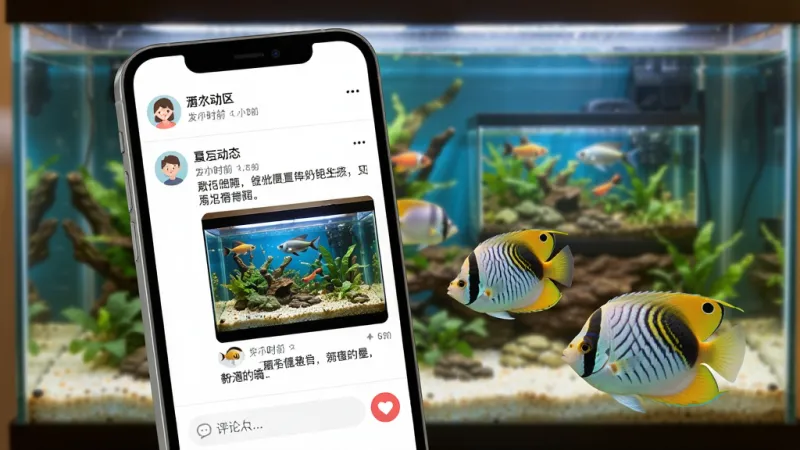 一张展示泡泡水族社区互动功能的图片,画面中手机屏幕显示鱼友动态信息流,每条动态包含用户头像、昵称、发布时间、水族箱照片和文字描述,屏幕下方有评论输入框和点赞按钮,手机旁边有两条热带鱼游动,背景是水族箱造景,风格温暖友好,画质干净,无多余元素