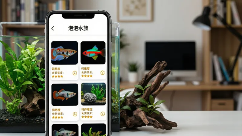 一张展示泡泡水族知识库功能的图片,画面中手机屏幕显示水族百科页面,页面内有“泡泡水族”字样,列出孔雀鱼、红绿灯鱼、迷你矮珍珠等水族生物卡片,每张卡片配有生物图片和饲养难度星级,屏幕旁边有水草和沉木装饰,背景是书房环境,风格专业整洁,画质清晰,无多余元素