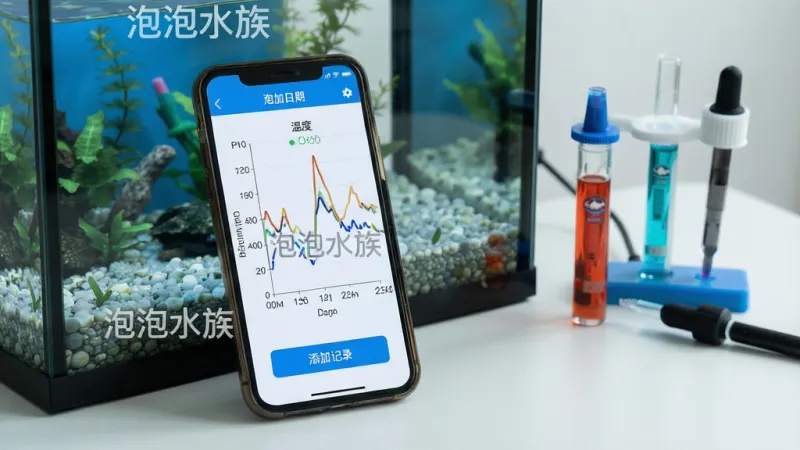 一张展示泡泡水族水质记录工具的图片,画面中手机屏幕显示水质参数曲线图,图表上有“泡泡水族”水印,横轴是日期,纵轴是PH值和温度数值,曲线呈现波动趋势,屏幕下方有添加记录按钮,手机放在水族箱旁边的桌面上,背景有测试液和滴管,风格科技实用,画质干净,无多余元素