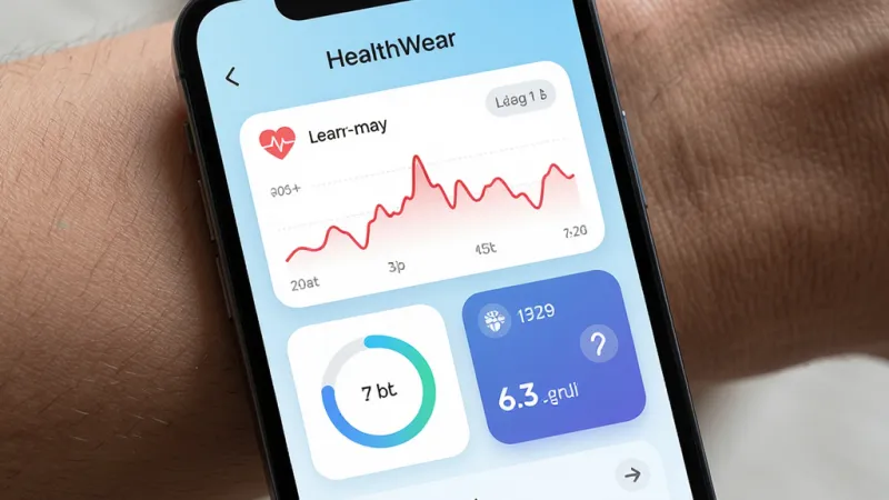 HealthWear 健康穿戴管理应用主界面展示,手机屏幕中央显示健康数据仪表盘,包含心率曲线、步数圆环、睡眠时长卡片,背景为浅蓝渐变,界面风格简洁现代,图标圆润,文字清晰,画质干净,无多余元素
