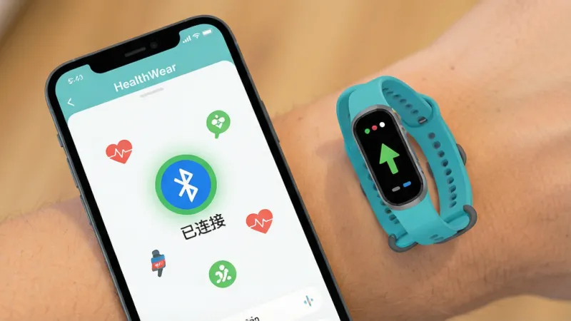 HealthWear 应用连接智能手环的界面,手机与手环之间显示蓝牙连接图标,屏幕上有“已连接”状态提示,周围环绕心率、步数小图标,扁平化设计风格,配色清爽,画质干净无多余元素