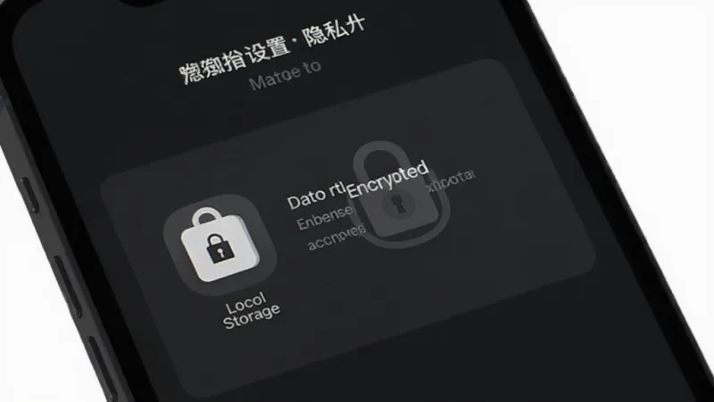 HealthWear 隐私设置界面,手机屏幕显示本地存储图标和数据加密锁标志,背景深色,文字说明清晰,风格稳重,画质干净无多余元素