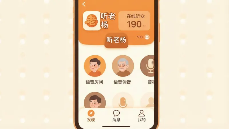 一张展示手机屏幕的插画,画面中央是“听老杨”的App图标和主界面,界面以暖橙色和米白色为主色调,顶部显示“语音房间”和“在线听众”数字,中间是几个圆形的语音房间入口卡片,底部是“发现”“消息”“我的”三个导航按钮,整体布局简洁清晰,风格温馨扁平化,细节圆润,画质干净,无多余元素