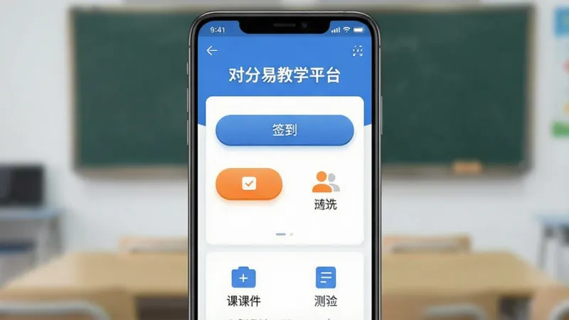 一张展示对分易教学平台核心功能的手机界面截图,主体是一部竖屏安卓手机,屏幕内显示对分易教学平台的主界面,布局包含顶部课程名称、中间签到按钮和随机选人图标、底部课件与测验入口,排版清晰分区明确,风格为现代扁平化教育科技风,细节上按钮圆润有质感、配色以蓝白为主点缀橙色高亮,画质干净无多余元素,屏幕画面清晰锐利。