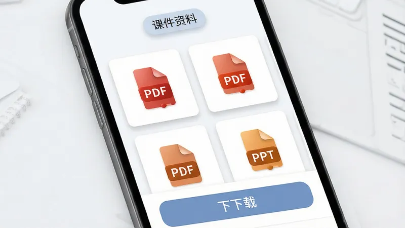 对分易教学平台课件共享界面,主体为手机屏幕展示课件列表,布局上方是课程名称标签,中间是多个文件卡片带有PDF和PPT图标,下方是下载按钮,排版整齐有序,风格为简洁商务教育风,细节上文件图标精致、卡片有轻微阴影、配色柔和,画质干净无多余元素,屏幕内文字清晰显示“课件资料”。