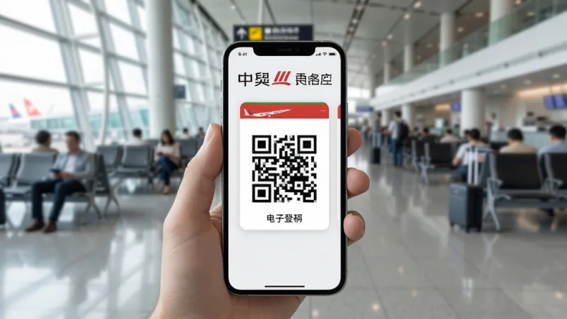 中华航空 手机办理登机 电子登机牌 二维码显示在手机屏幕 机场候机楼背景 排版简洁 风格现代 细节清晰 画质干净 无多余元素