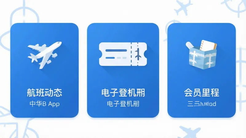 中华航空 App 功能界面 航班动态 电子登机牌 会员里程 三大模块图标 蓝色主色调 扁平化设计 排版整齐 画质干净 无多余元素
