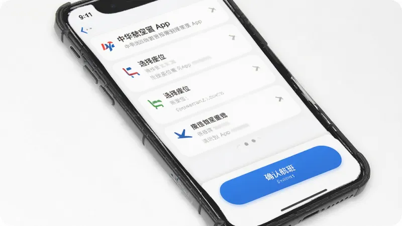 中华航空 App 手机报到操作界面 步骤指引 选择座位 确认航班 蓝色按钮 简洁排版 画质清晰 无多余元素