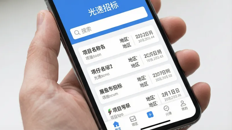 手机屏幕特写,画面中央是“光速招标”APP的首页界面,界面顶部有搜索框,中间是清晰的招标公告列表,列表项包含项目名称、地区和日期,底部有导航栏,整体色调为蓝白相间,风格简洁现代,扁平化设计,画质干净清晰,无多余装饰元素