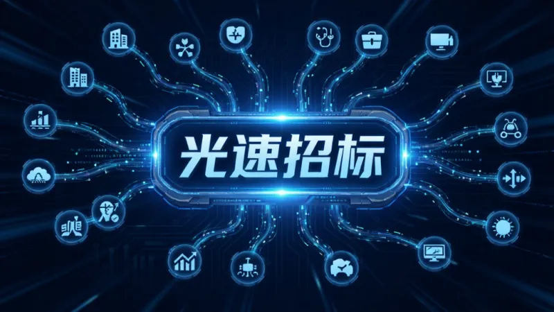 一个发光的数字信息枢纽,中心是“光速招标”的文字标识,四周有无数条数据线连接着代表不同行业的小图标,如建筑、医疗、IT等,数据线呈现流动的光效,背景是深邃的科技蓝,画面风格具有科技感和速度感,画质清晰,无杂乱元素