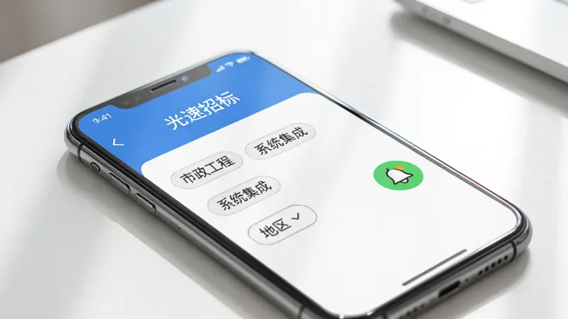 一部手机放在桌面上,屏幕显示“光速招标”APP的订阅管理页面,页面上有几个关键词标签如“市政工程”、“系统集成”和地区选择按钮,旁边有一个铃铛图标表示通知已开启,画面光线明亮,风格写实,画质干净,无多余元素