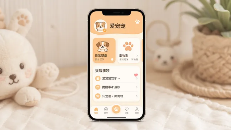 爱宠宠软件主界面全貌展示,画面中央是手机屏幕,屏幕内显示爱宠宠APP的首页布局,顶部有宠物头像和名字,中间是宠物日常记录卡片和提醒事项列表,底部导航栏清晰可见,整体配色温暖柔和,以米白色和浅橙色为主,风格清新可爱,细节圆润精致,画质干净清晰,无多余元素