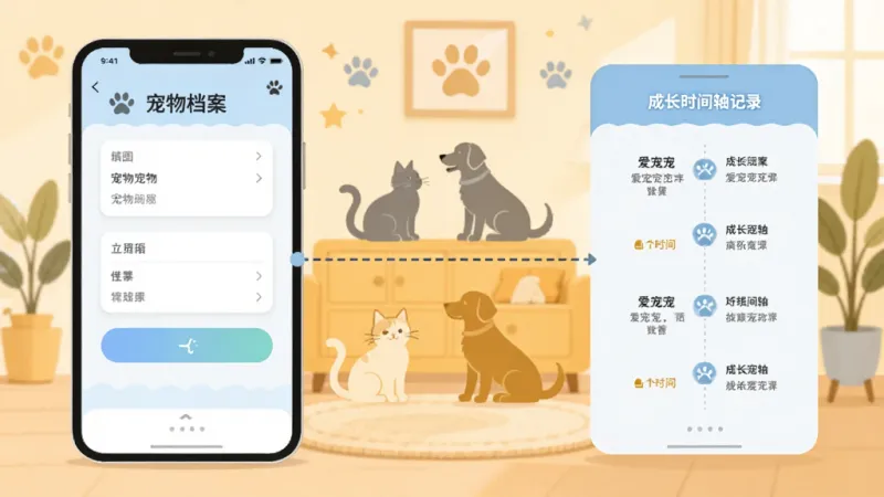 爱宠宠功能展示图,画面左侧是宠物档案填写界面,右侧是成长时间轴记录页面,中间用虚线连接,背景是温馨的家居环境,有猫咪和狗狗的剪影元素,整体风格扁平化设计,配色以浅蓝和暖黄为主,画质干净,无多余元素