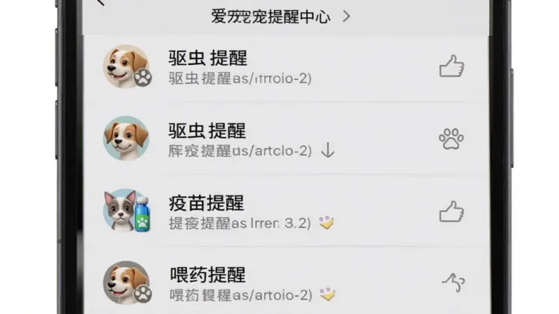 爱宠宠提醒中心界面截图,手机屏幕显示多条提醒事项列表,包括驱虫提醒、疫苗提醒、喂药提醒等,每条提醒前方有对应的宠物头像图标,背景是浅灰色,文字清晰可读,整体布局整齐,风格简洁现代,画质干净
