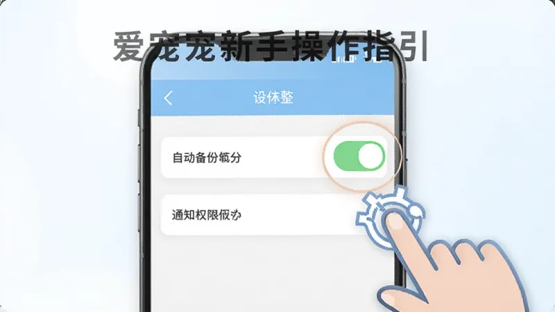 爱宠宠新手操作指引图,画面展示手机屏幕上的设置界面,重点标注自动备份开关和通知权限选项,旁边有手指点击的图标示意,背景简洁,配色以白色和浅蓝色为主,风格清晰直观,画质干净,无多余元素