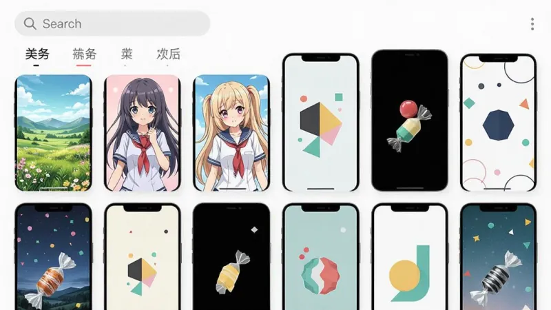 一张手机屏幕展示奶糖壁纸应用的主界面，界面中整齐排列着多张不同风格的手机壁纸缩略图，包含清新风景、动漫人物、极简几何图案等，顶部有搜索框和分类标签，整体布局干净清爽，风格现代扁平化，画质清晰明亮，无多余元素