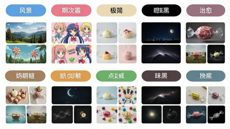 一张展示奶糖壁纸应用内分类页面的截图，页面上有多个彩色分类标签如风景、动漫、极简、暗黑、治愈等，每个标签下方展示三到四张代表性壁纸缩略图，整体排版整齐有序，风格清新明亮，画质干净清晰，无多余元素