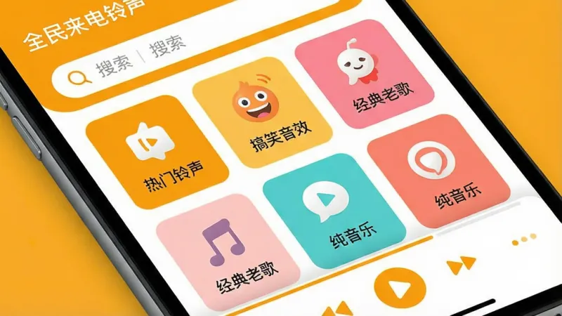 一张手机屏幕特写，屏幕上展示着“全民来电铃声”APP的主界面，界面设计简洁明快，顶部是搜索栏，中间是各种铃声分类的卡片式布局，比如“热门铃声”、“搞笑音效”、“经典老歌”、“纯音乐”等，卡片上有对应的图标和文字，底部是播放控制条，整体色调以活泼的橙黄色和白色为主，风格现代扁平，细节圆润，画质干净清晰，无多余元素。