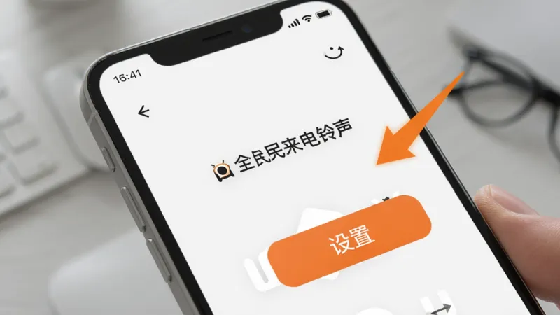一部手机屏幕显示着“全民来电铃声”的播放界面，一个醒目的“设置”按钮被高亮显示，旁边有箭头指向手机顶部的状态栏，示意设置成功。画面风格简洁现代，以白色和品牌色为主，突出操作的一键完成感，画质清晰，无多余元素。