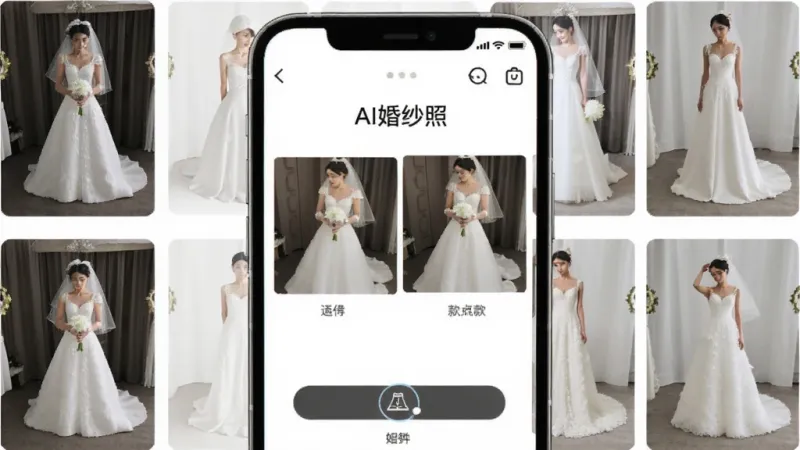 一张展示手机屏幕上正在生成婚纱照的界面图,画面主体是一部手机,屏幕显示上传照片和选择婚纱款式的操作界面,周围环绕着几套不同风格的婚纱缩略图,画面中有