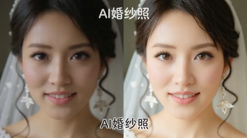 一张展示AI婚纱照细节处理效果的对比图,画面左侧是原始照片的面部特写,右侧是经过AI处理后的婚纱照面部特写,画面中有
