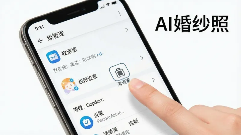 一张展示手机清理缓存和权限设置的界面示意图,画面主体是手机屏幕显示应用管理页面,旁边有手指点击清理缓存的图标,画面中有